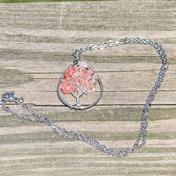 Cherry Quartz gemstone Tree of Life necklace stainless steel chain - Picture 7 of 9